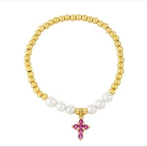 White Pearl Beads Cross Bracelets for Women Girls Copper Gold Plated Elastic